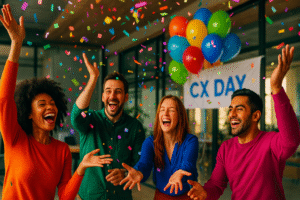 Świętowanie CX Day – pracownicy celebrują Customer Experience w biurze; dynamiczna scena z konfetti i balonami, kultura prokliencka