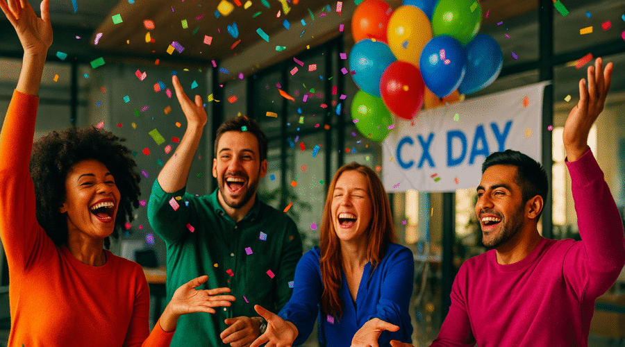 Świętowanie CX Day – pracownicy celebrują Customer Experience w biurze; dynamiczna scena z konfetti i balonami, kultura prokliencka